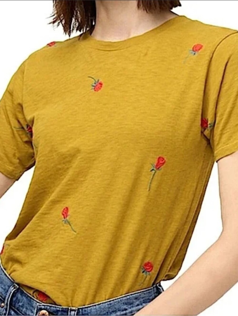 J. Crew Embroidered Rose Mustard Chartreuse Crewneck Tee Size S